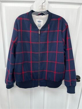 Old Navy Navy Red Plaid Recycled Wool Blend Sherpa Lined Zip Bomber Jacket XL